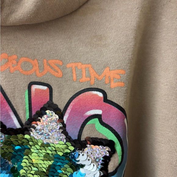 H&M Tan Dino Flip Sequins Graphic Hoodie Sweatshirt - Picture 4 of 9